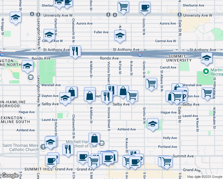 map of restaurants, bars, coffee shops, grocery stores, and more near 865 Dayton Avenue in Saint Paul