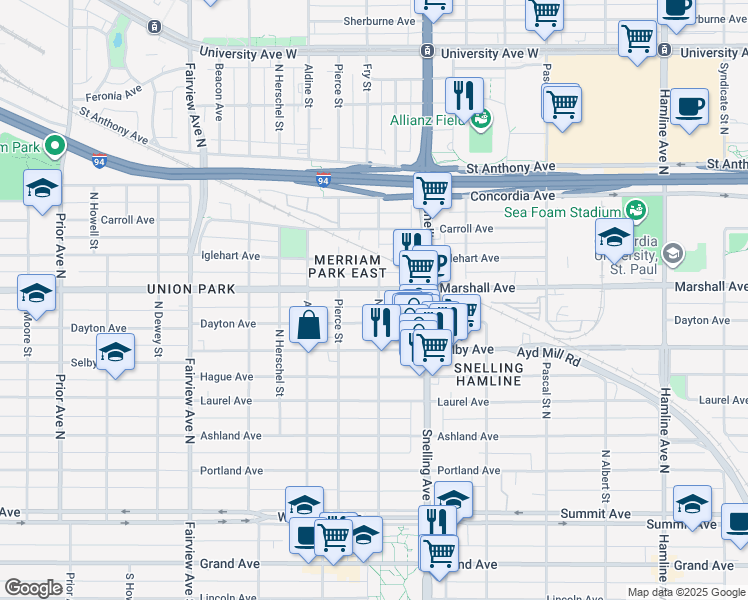 map of restaurants, bars, coffee shops, grocery stores, and more near 1631 West Dayton Avenue in Saint Paul