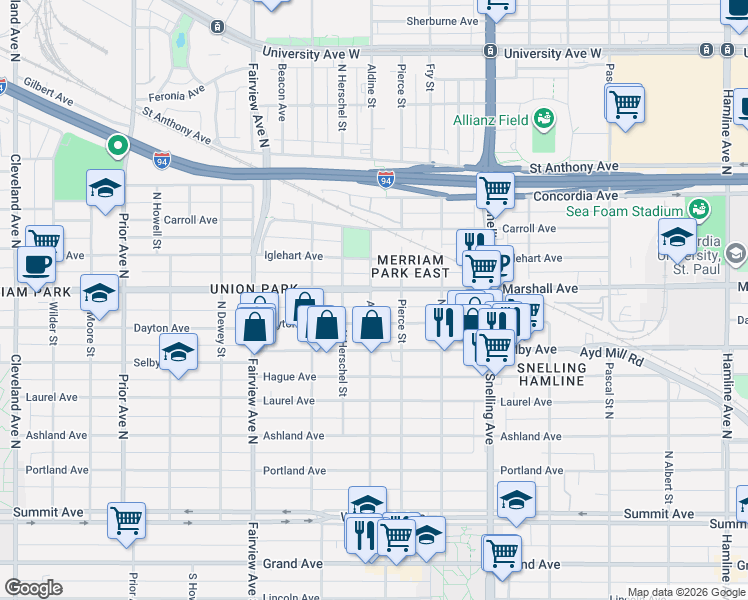 map of restaurants, bars, coffee shops, grocery stores, and more near 1709 Dayton Avenue in Saint Paul