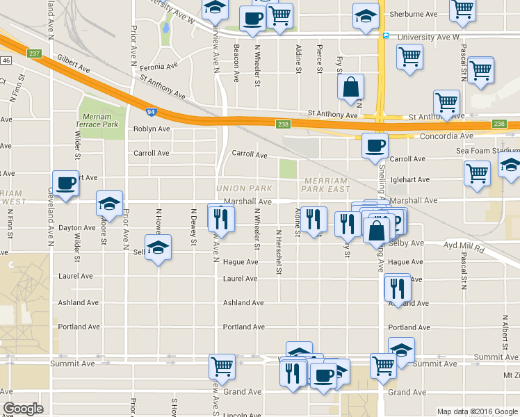 map of restaurants, bars, coffee shops, grocery stores, and more near 1743 Dayton Avenue in Saint Paul