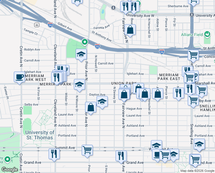 map of restaurants, bars, coffee shops, grocery stores, and more near 1885 Dayton Avenue in Saint Paul