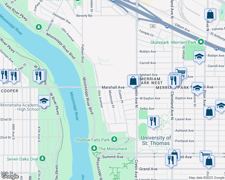 map of restaurants, bars, coffee shops, grocery stores, and more near 203 Montrose Place in Saint Paul