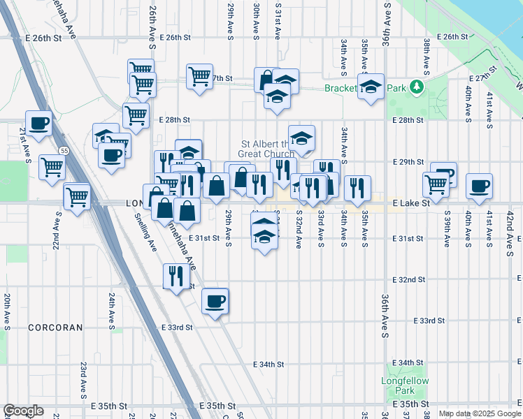 map of restaurants, bars, coffee shops, grocery stores, and more near 3025 30th Avenue South in Minneapolis