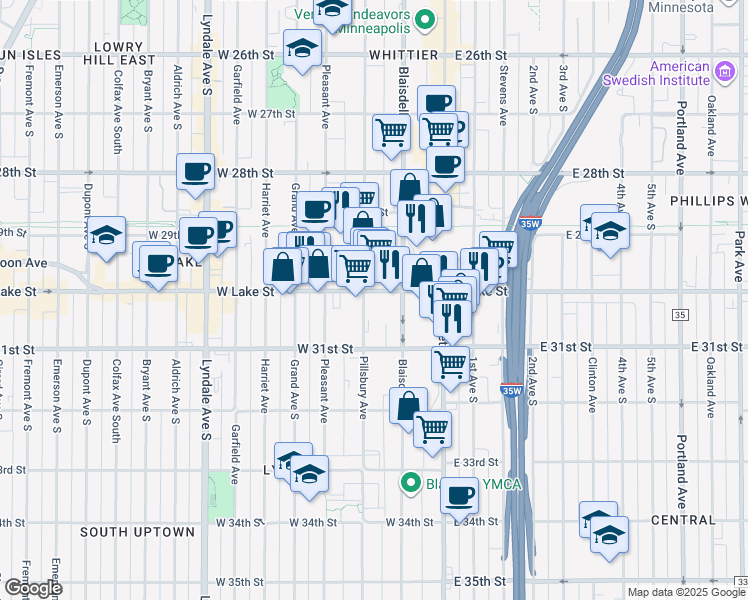 map of restaurants, bars, coffee shops, grocery stores, and more near 3051 Pillsbury Avenue in Minneapolis