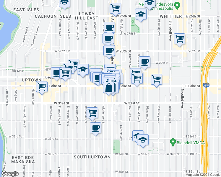 map of restaurants, bars, coffee shops, grocery stores, and more near 3021 Lyndale Avenue South in Minneapolis