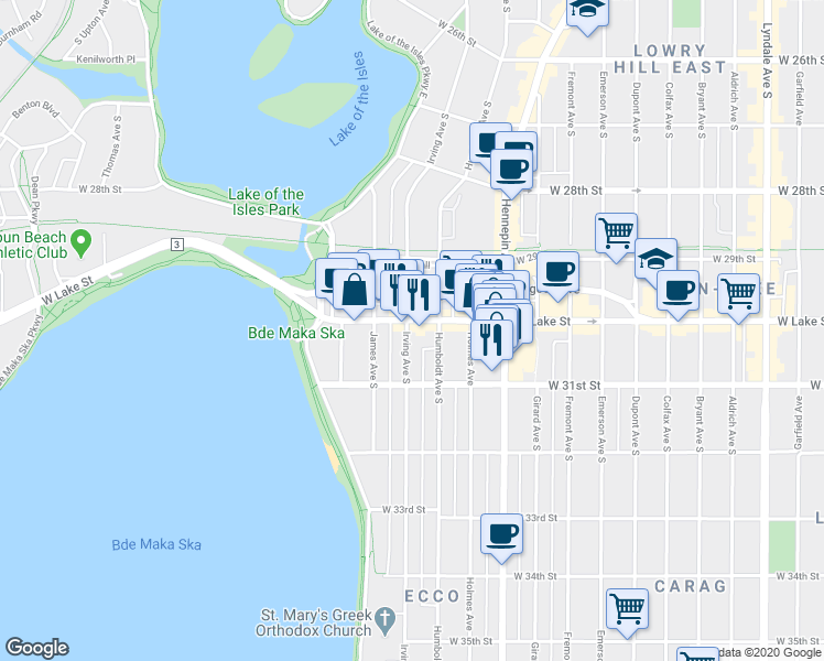 map of restaurants, bars, coffee shops, grocery stores, and more near 3022 Humboldt Avenue South in Minneapolis
