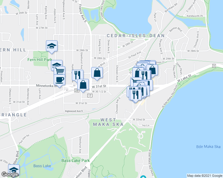 map of restaurants, bars, coffee shops, grocery stores, and more near 3044 Lake Shore Drive in Minneapolis