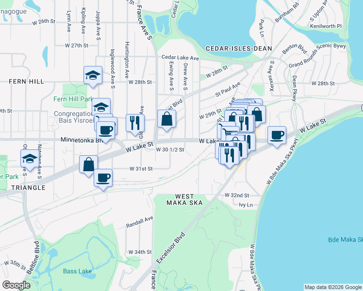 map of restaurants, bars, coffee shops, grocery stores, and more near 3001 Ewing Avenue South in Minneapolis