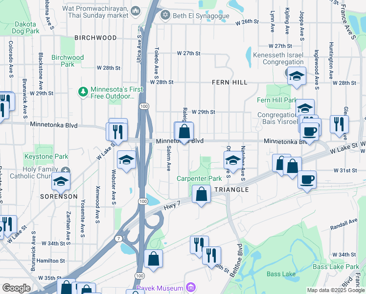 map of restaurants, bars, coffee shops, grocery stores, and more near 3025 Salem Avenue in Minneapolis