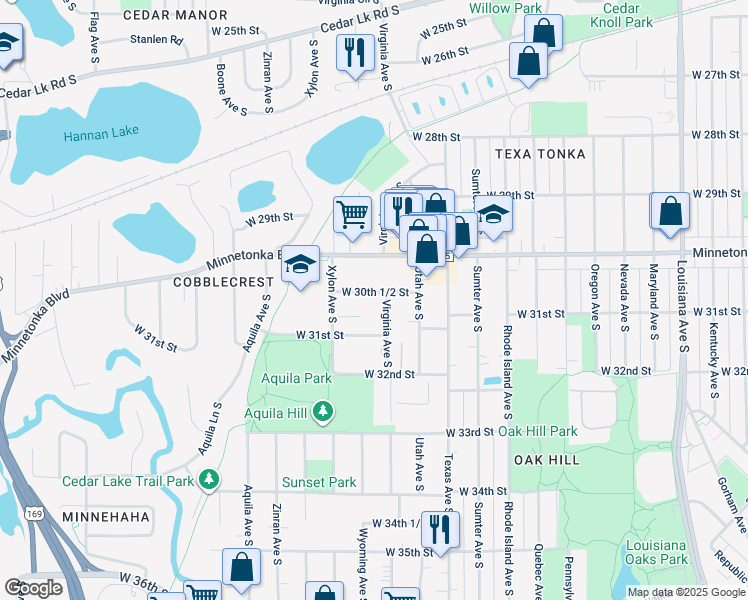 map of restaurants, bars, coffee shops, grocery stores, and more near 3035 Virginia Avenue South in St. Louis Park