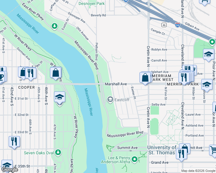 map of restaurants, bars, coffee shops, grocery stores, and more near 2338 Marshall Ave in St Paul