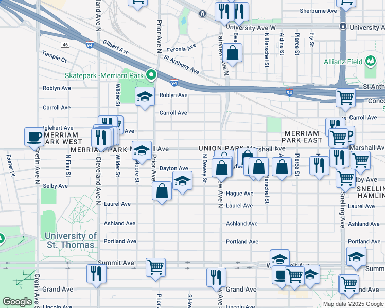map of restaurants, bars, coffee shops, grocery stores, and more near 1885 Dayton Avenue in Saint Paul