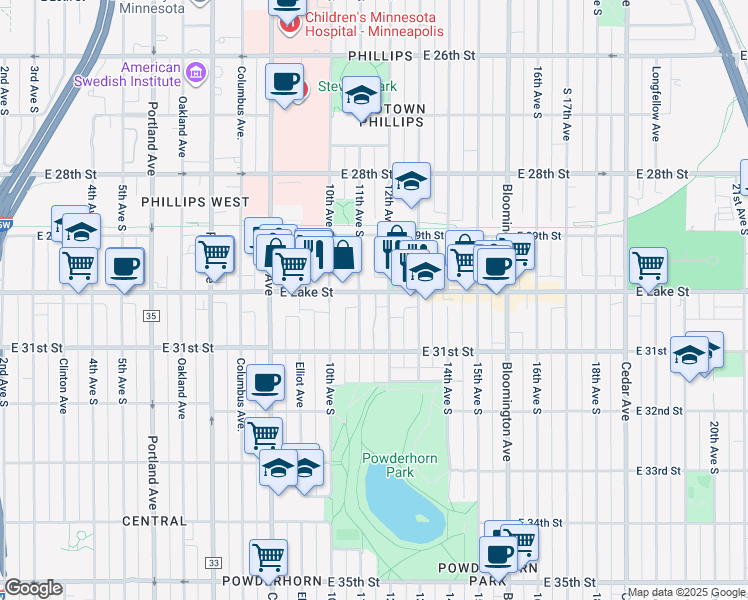 map of restaurants, bars, coffee shops, grocery stores, and more near 1111 East Lake Street in Minneapolis