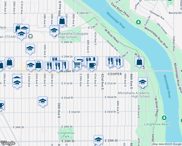 map of restaurants, bars, coffee shops, grocery stores, and more near 3020 41st Avenue South in Minneapolis