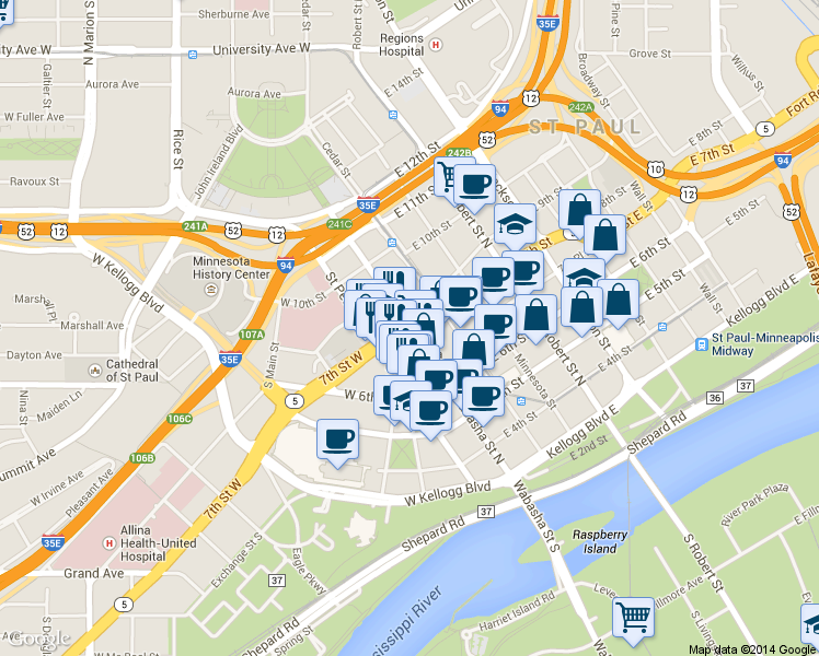 map of restaurants, bars, coffee shops, grocery stores, and more near 7th St W & Wabasha St N in St Paul