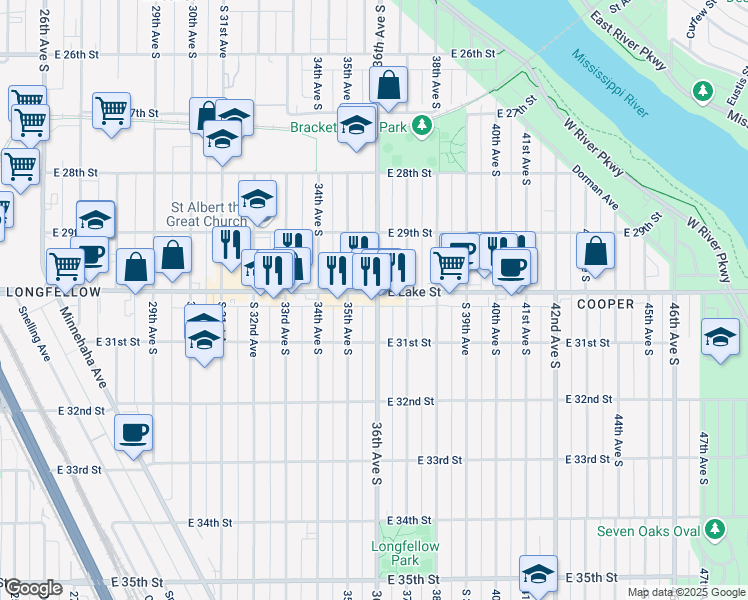 map of restaurants, bars, coffee shops, grocery stores, and more near 3026 36th Avenue South in Minneapolis