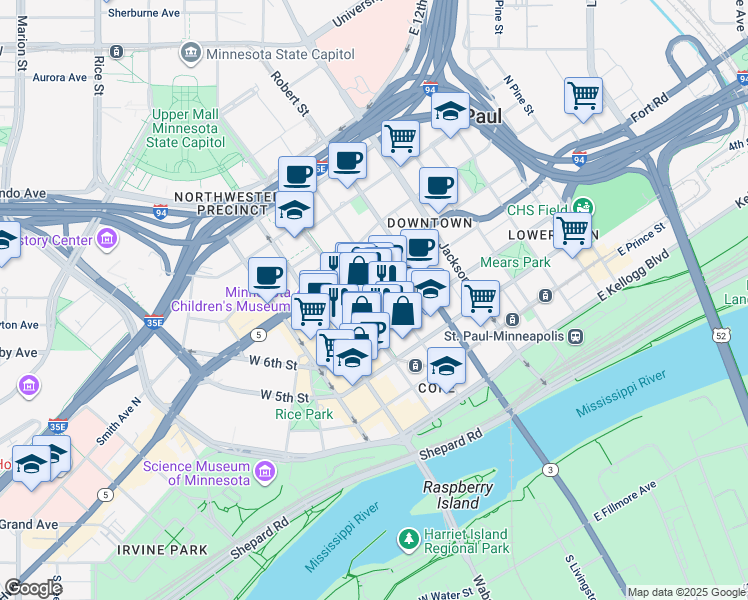 map of restaurants, bars, coffee shops, grocery stores, and more near 444 Cedar Street in Saint Paul