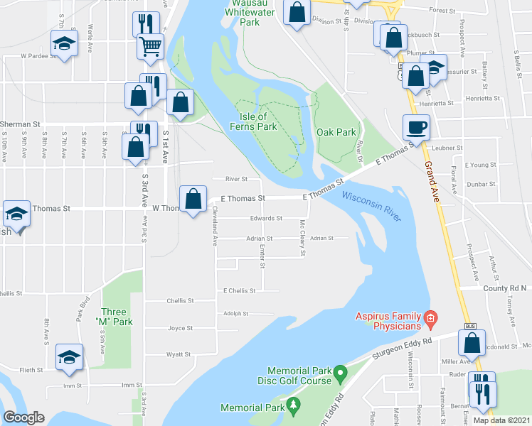 map of restaurants, bars, coffee shops, grocery stores, and more near 204 Edwards Street in Wausau