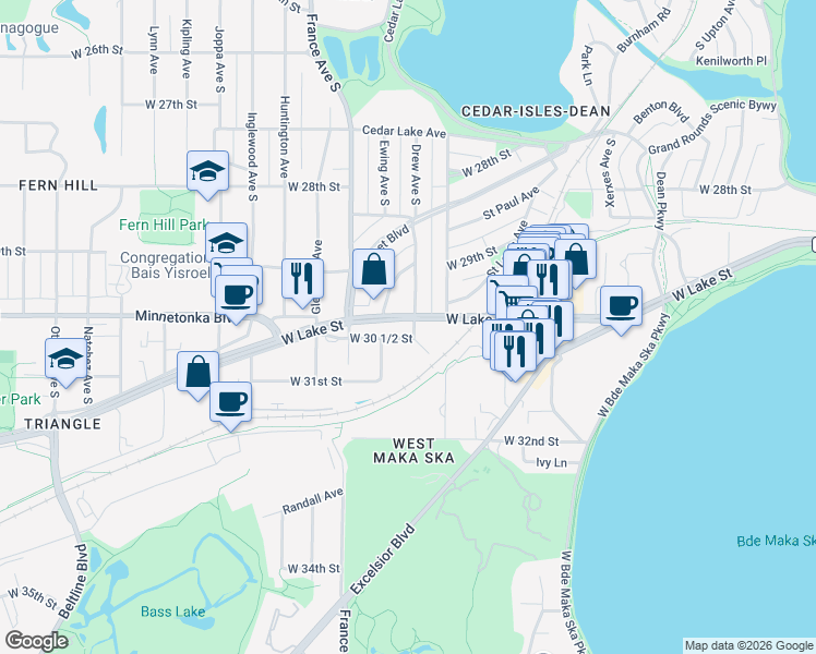 map of restaurants, bars, coffee shops, grocery stores, and more near 3031 Ewing Avenue South in Minneapolis
