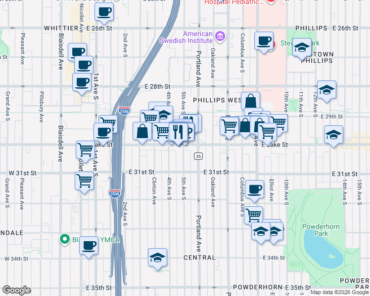 map of restaurants, bars, coffee shops, grocery stores, and more near 3021 South 5th Avenue in Minneapolis