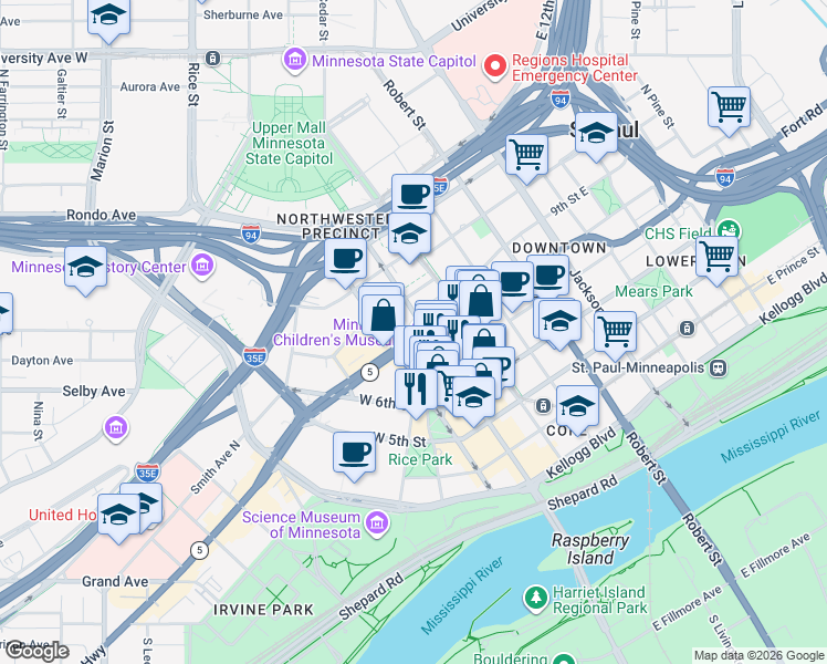 map of restaurants, bars, coffee shops, grocery stores, and more near in Saint Paul