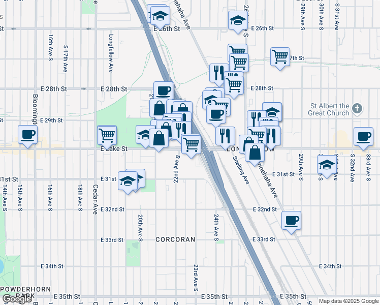 map of restaurants, bars, coffee shops, grocery stores, and more near 2215 East Lake Street in Minneapolis