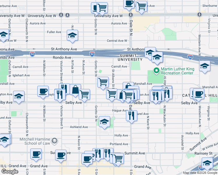 map of restaurants, bars, coffee shops, grocery stores, and more near 685 Dayton Avenue in Saint Paul