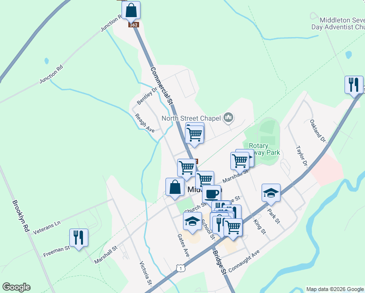 map of restaurants, bars, coffee shops, grocery stores, and more near 181 Commercial Street in Middleton