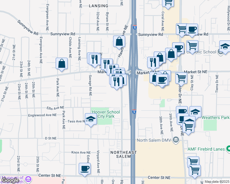 map of restaurants, bars, coffee shops, grocery stores, and more near 1477 Hawthorne Ave NE in Salem
