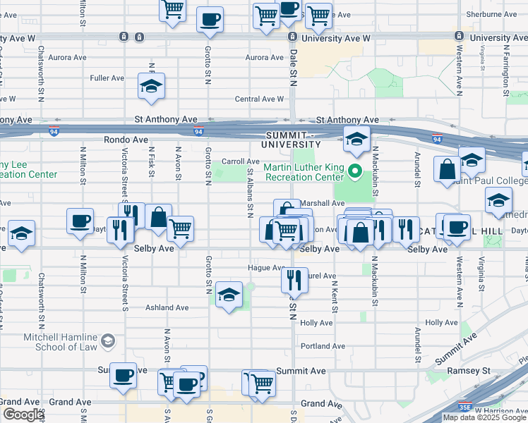map of restaurants, bars, coffee shops, grocery stores, and more near 650 Marshall Avenue in Saint Paul
