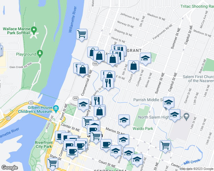 map of restaurants, bars, coffee shops, grocery stores, and more near 888 Liberty Street Northeast in Salem