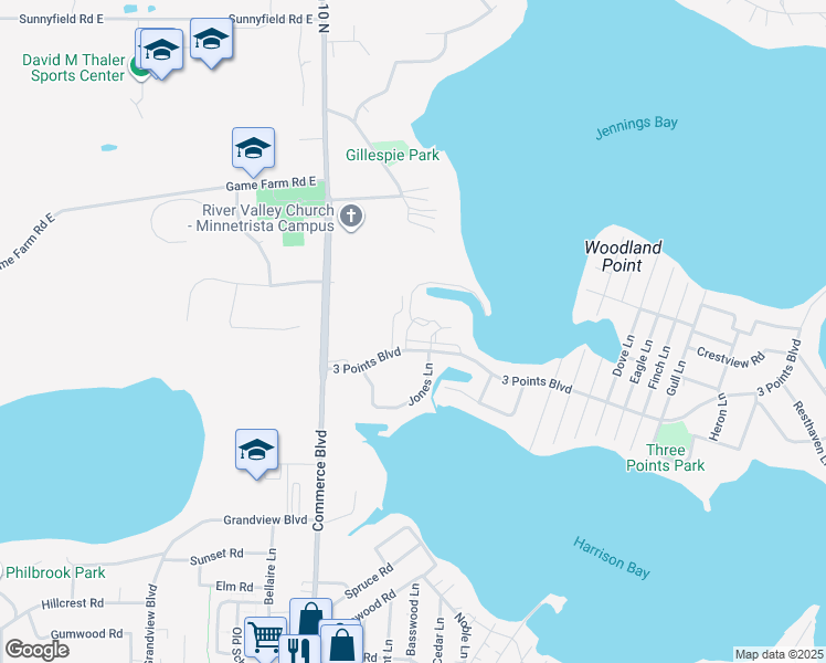 map of restaurants, bars, coffee shops, grocery stores, and more near 5450 3 Points Boulevard in Mound