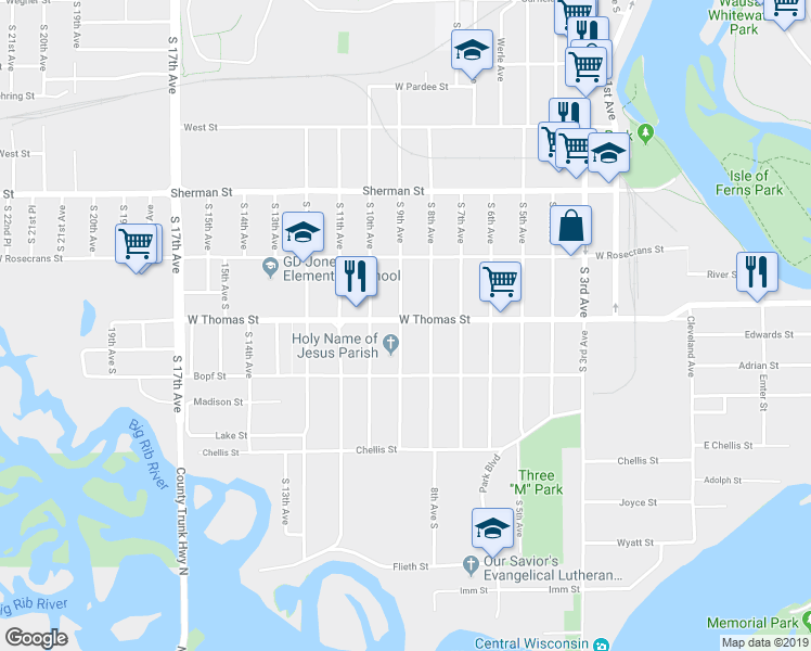 map of restaurants, bars, coffee shops, grocery stores, and more near 815 West Thomas Street in Wausau