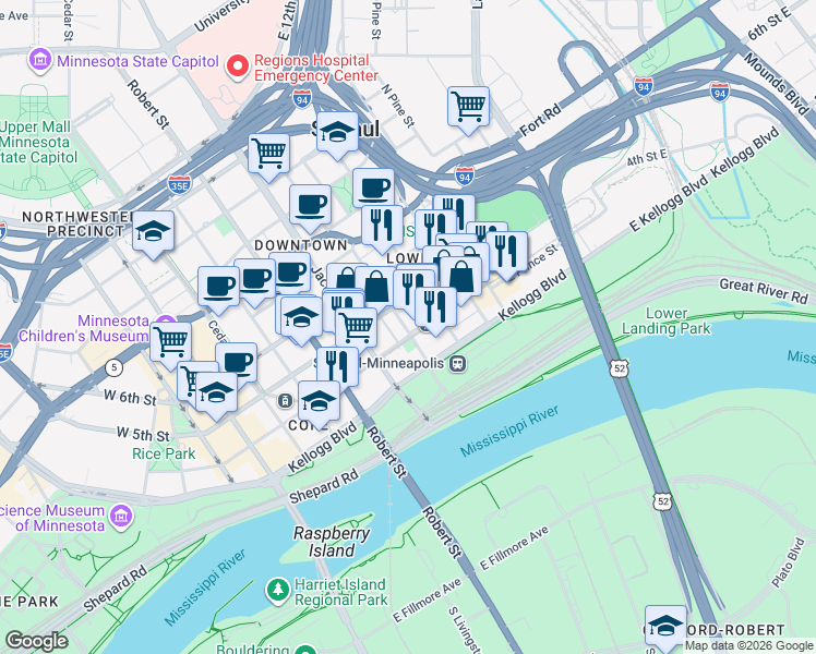 map of restaurants, bars, coffee shops, grocery stores, and more near 340 North Sibley Street in Saint Paul