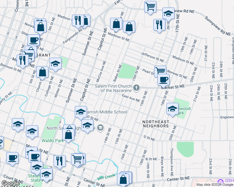 map of restaurants, bars, coffee shops, grocery stores, and more near 1305 Nebraska Avenue Northeast in Salem
