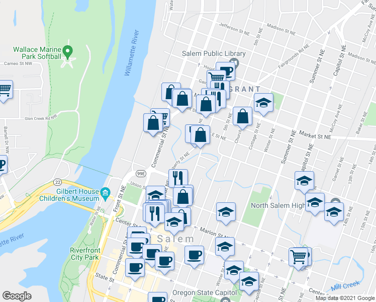 map of restaurants, bars, coffee shops, grocery stores, and more near 810 Liberty Street Northeast in Salem