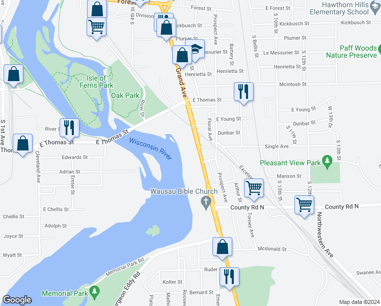 map of restaurants, bars, coffee shops, grocery stores, and more near 1050 Grand Avenue in Weston