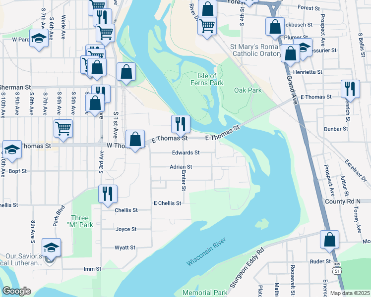 map of restaurants, bars, coffee shops, grocery stores, and more near 1212 Emter Street in Wausau