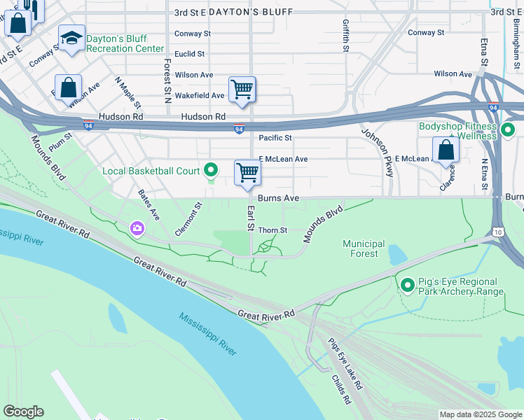 map of restaurants, bars, coffee shops, grocery stores, and more near 203 Earl Street in Saint Paul