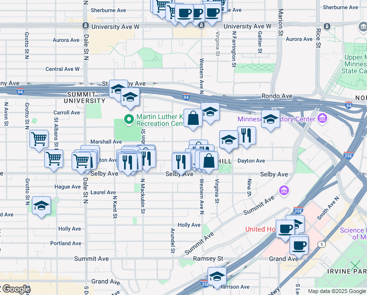 map of restaurants, bars, coffee shops, grocery stores, and more near 397 Dayton Avenue in Saint Paul