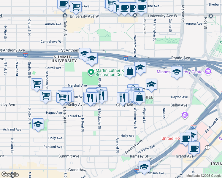 map of restaurants, bars, coffee shops, grocery stores, and more near 469 Dayton Avenue in Saint Paul