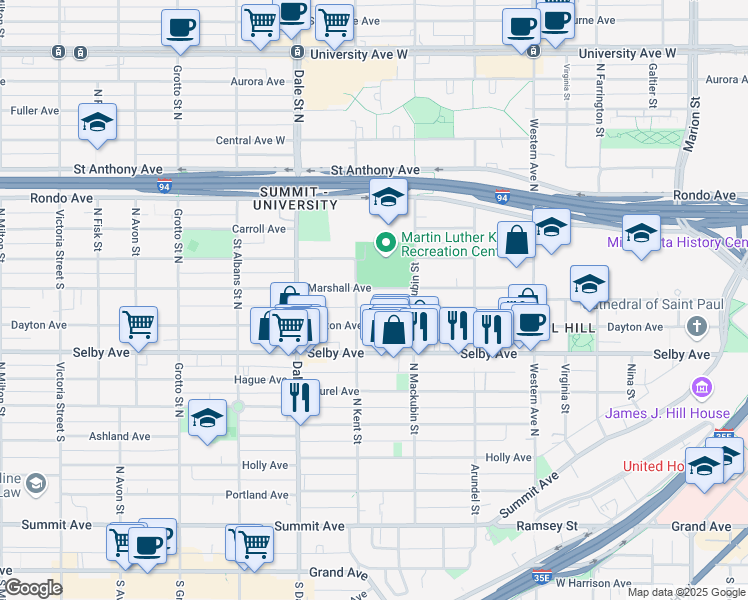 map of restaurants, bars, coffee shops, grocery stores, and more near 541 Dayton Avenue in Saint Paul