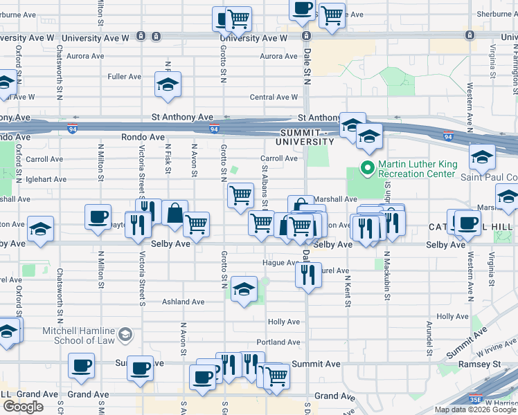 map of restaurants, bars, coffee shops, grocery stores, and more near 685 Dayton Avenue in Saint Paul