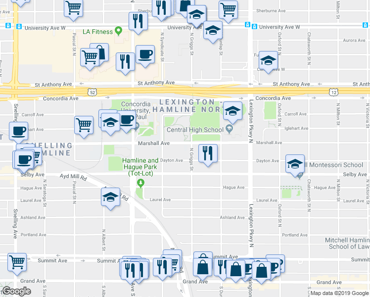 map of restaurants, bars, coffee shops, grocery stores, and more near 1252 Dayton Avenue in Saint Paul
