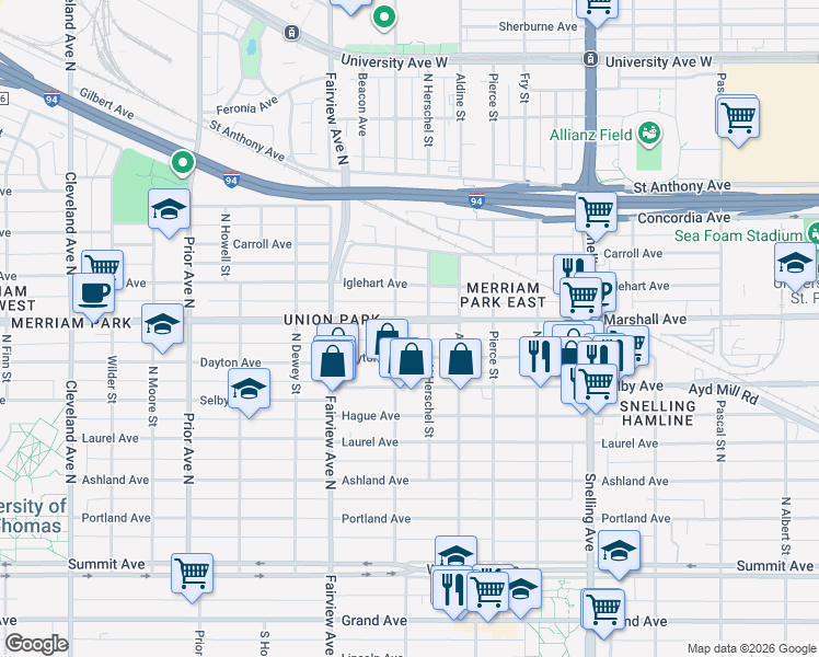 map of restaurants, bars, coffee shops, grocery stores, and more near 1743 Dayton Avenue in Saint Paul