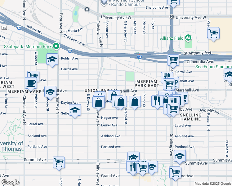 map of restaurants, bars, coffee shops, grocery stores, and more near 1743 Dayton Avenue in Saint Paul
