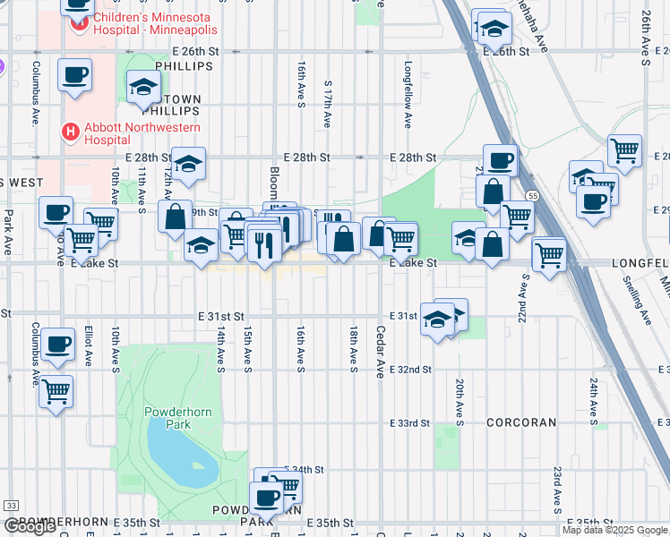 map of restaurants, bars, coffee shops, grocery stores, and more near 3028 18th Avenue South in Minneapolis