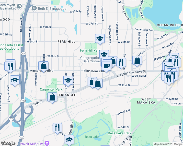 map of restaurants, bars, coffee shops, grocery stores, and more near 3023 Lynn Avenue in Minneapolis