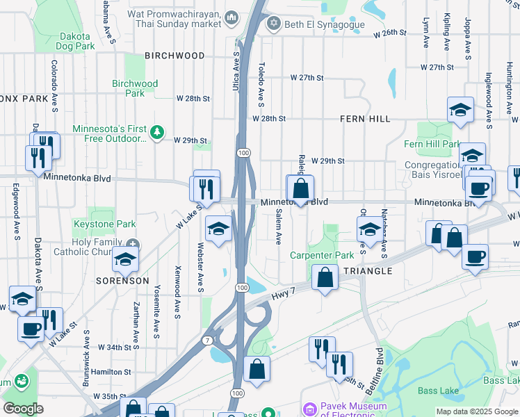 map of restaurants, bars, coffee shops, grocery stores, and more near 3033 Toledo Avenue South in Minneapolis