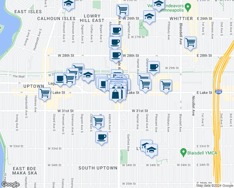 map of restaurants, bars, coffee shops, grocery stores, and more near 3021 Lyndale Avenue South in Minneapolis